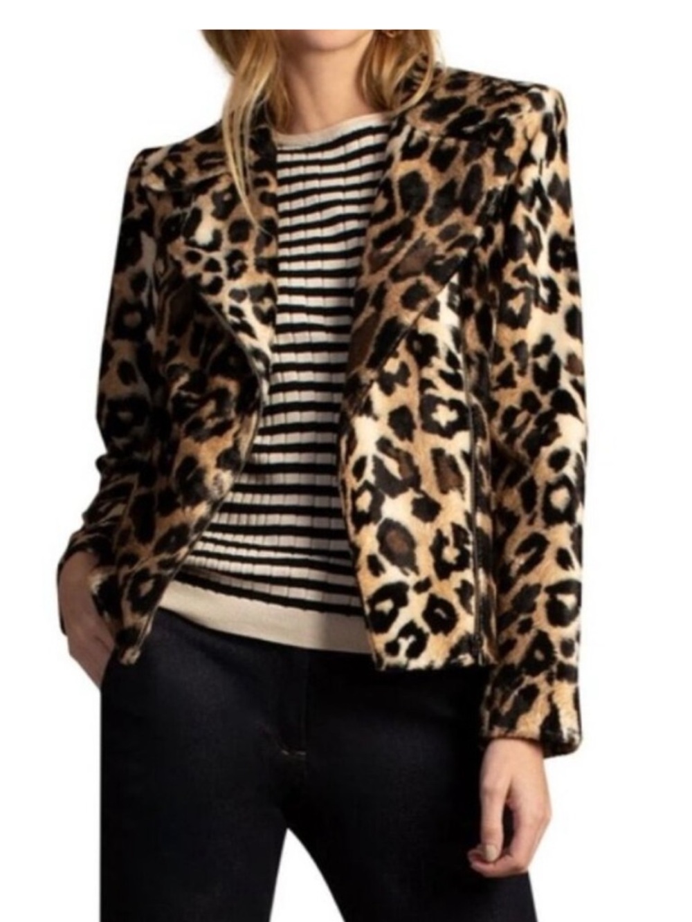 Trina Turk Reprise Moto Jacket Faux Fur Leopard Biker Wine Country Size 2